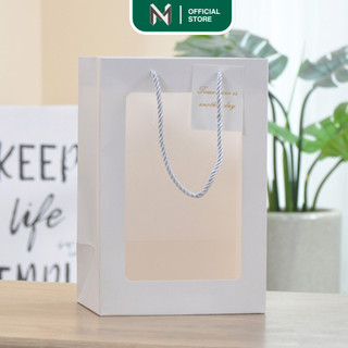  Sỉ Túi giấy mặt kính 18x13x25cm đựng quà đựng hoa trà tặng - túi giấy có dây xách đủ 2 màu Trắng Hồng 