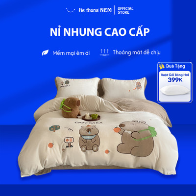 Bộ ga giường He thong Nem cao cấp Bộ set vỏ chăn ga ra  phủ trải giường gối nệm đệm 5 món nỉ nhung mịn trần bông
