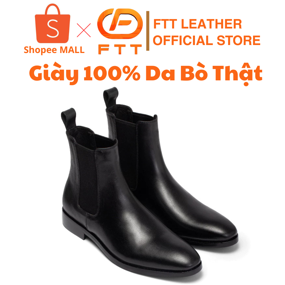 Giày da nam Chelsea Boots Ftt Leather màu đen dáng trơn đế phíp gỗ - Mã F703