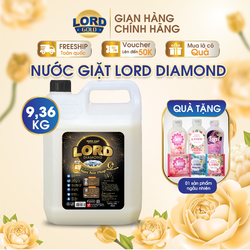 Nước Giặt Xả LORD Diamond Hương Nước Hoa Pháp Dịu Nhẹ Tươi Mới Bền Màu Không Hại Da Tay 9.36kg