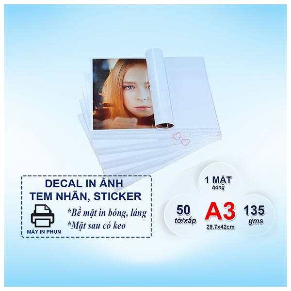 DECAL GIẤY ẢNH PHOTOPAPER KHỔ A3- XẤP 50 Tờ