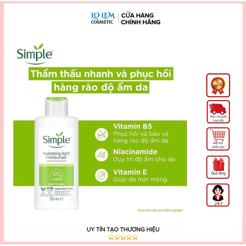 Kem Dưỡng Simple Kind To Skin Hydrating Light Moisturiser 125ml – Cấp Ẩm Dịu Nhẹ, Thấm Nhanh, Phù Hợ