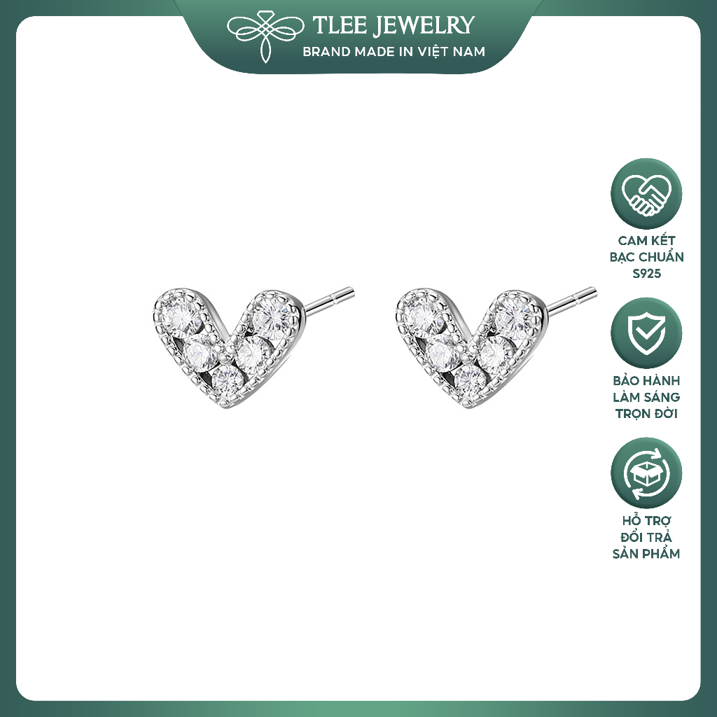 Bông tai bạc nữ TLEE tim viền hạt đính 5 viên đá Cz lấp lánh, sang trọng TLEE JEWELRY B0569