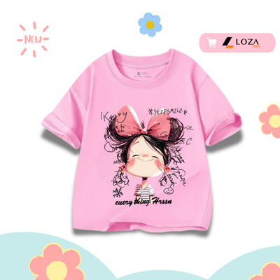 Áo phông in bé gái nơ hồng hot trend 2026 cho bé gái cân nặng 15-40kg - Áo thun bé nữ Loza Kids AT3127