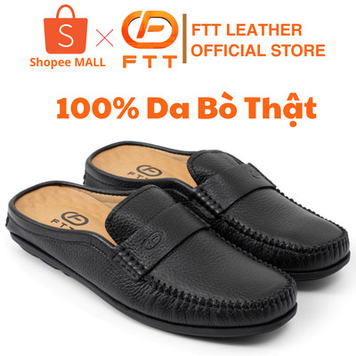 Giày sục nam da bò FTT Leather màu đen vân hạt đơn giản, thanh lịch, thoáng mát F234040