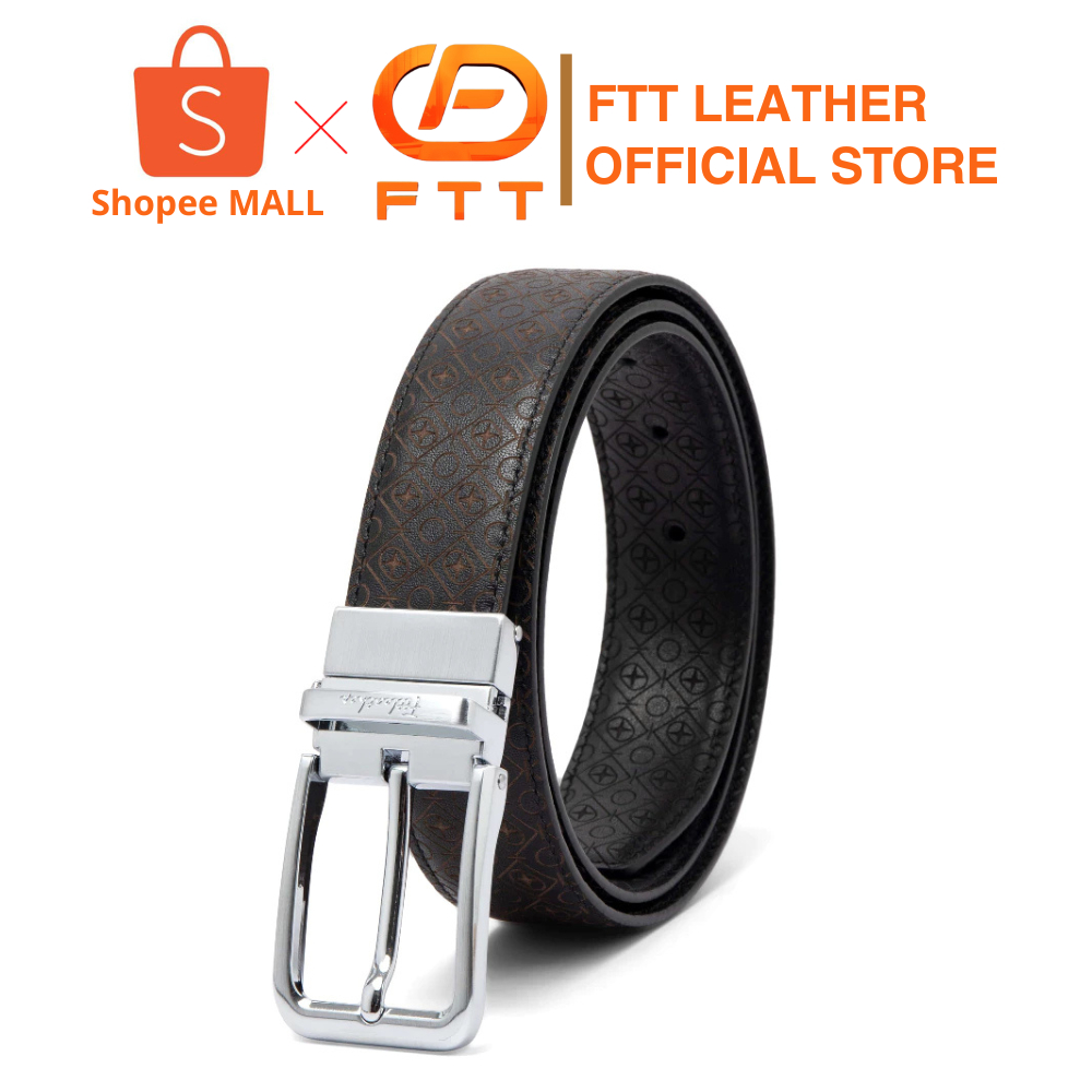 Thắt lưng da bò nam họa tiết monogram FTT Leather mặt khóa xỏ kim xoay mặt cao cấp không rỉ
