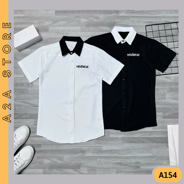 A154 Áo sơ mi nam tay ngắn vải cotton chữ thêu màu đen màu trắng có cổ Shirt Menswear Top A2A STORE