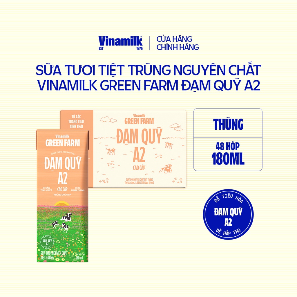 Thùng 48 hộp Sữa tươi Nguyên chất Tiệt trùng Vinamilk Green Farm A2 - 180ml