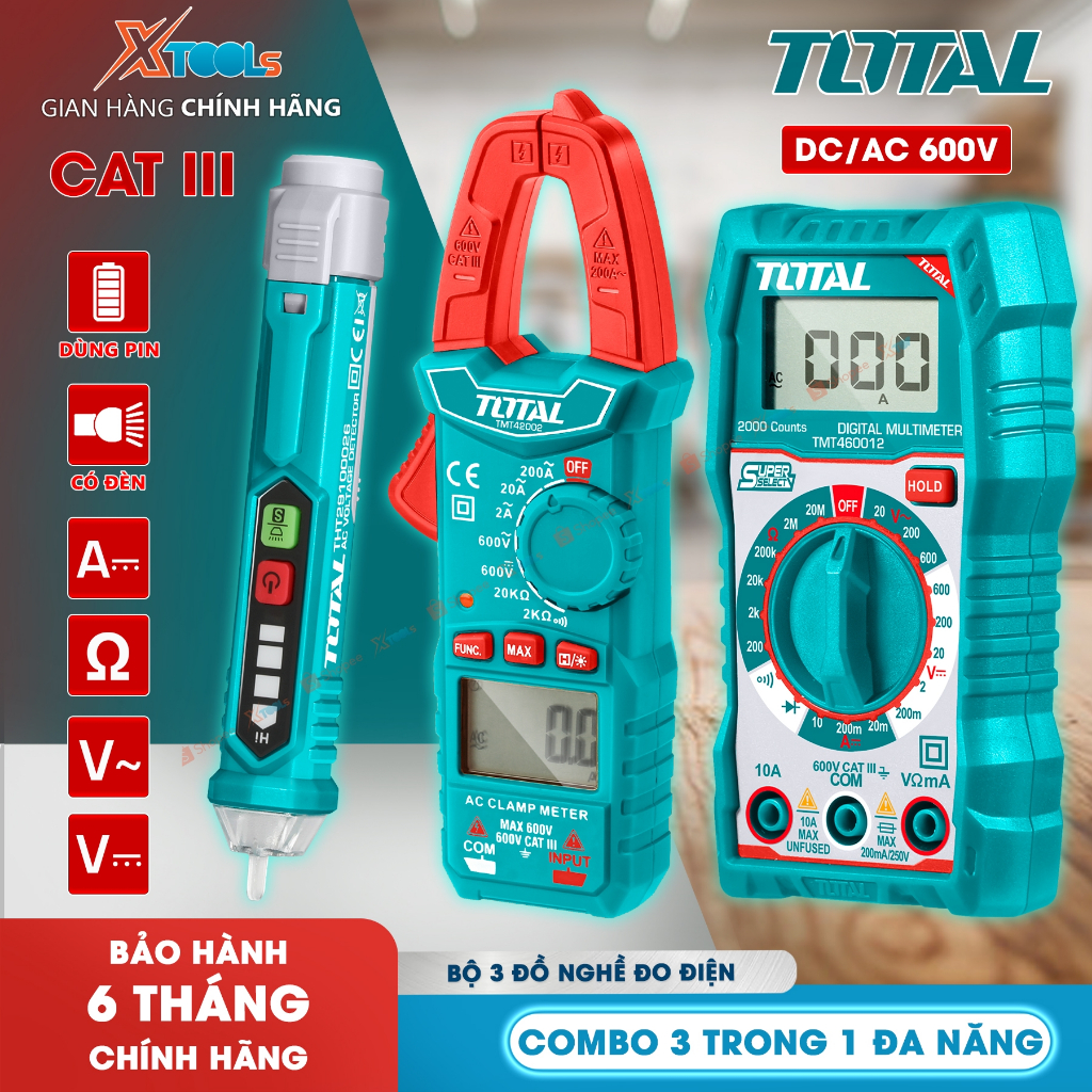  Bộ 3 dụng cụ kiểm tra điện đo điện Total TMT43028 CAT III 2000 số Bao gồm: Ampe kìm Đồng hồ vạn năng Bút thử điện AC 