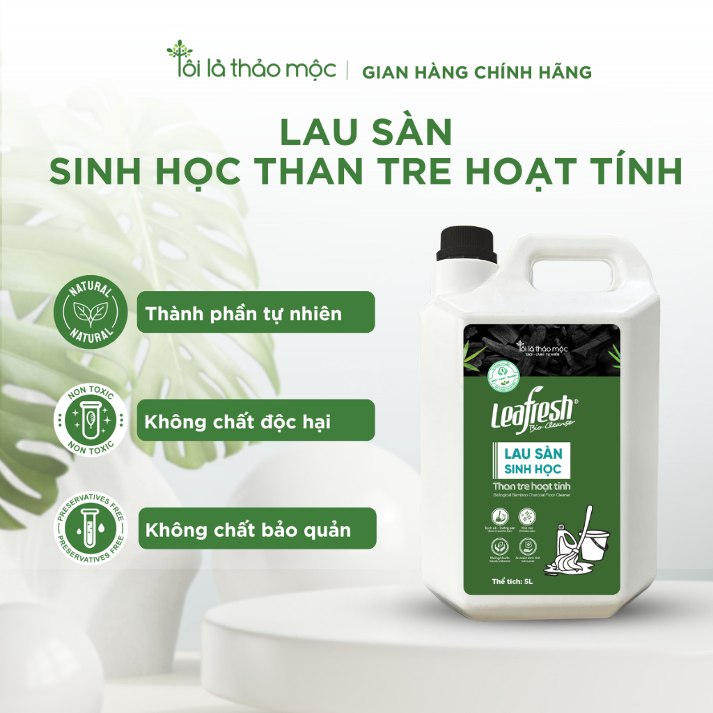 Lau sàn sinh học than tre hoạt tính Leafresh 5L - sạch bóng, kháng khuẩn, an toàn cho bé & thú cưng