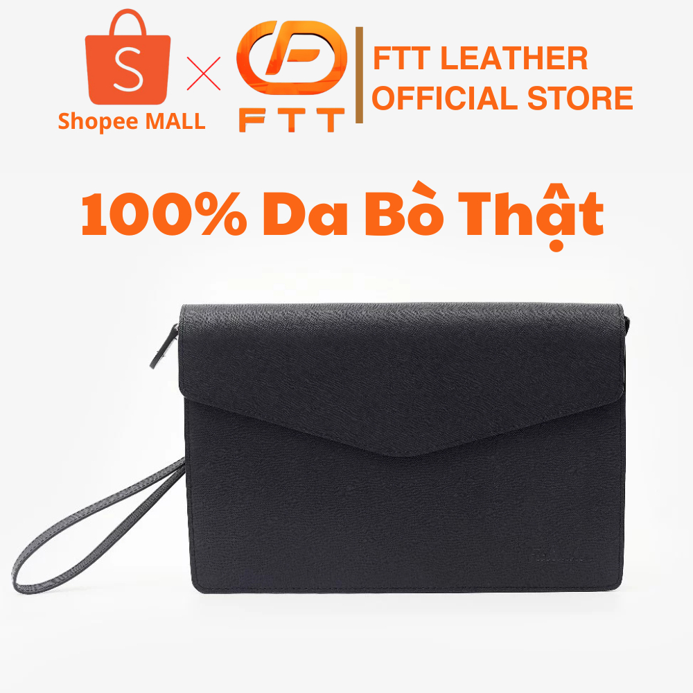 Túi Clutch Cầm Tay Nam FTT Leather Nắp Gập Da Bò Saffiano Sang Trọng, Tích Hợp Ngăn Đựng Thẻ