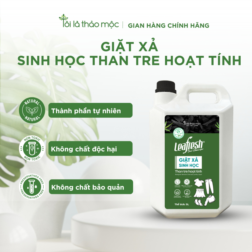 Giặt xả sinh học than tre hoạt tính Leafresh 5L – sạch sâu, khử mùi, mềm vải, an toàn cho da nhạy cả