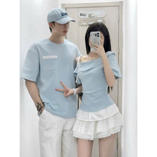 (Sẵn) Áo thun đôi xanh bèo trắng lệch vai siêu xinh - DESTINY COUPLE