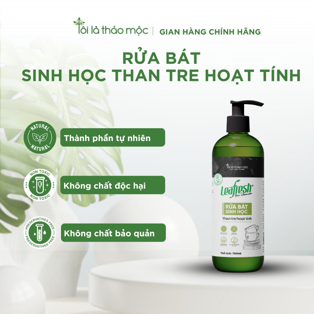 Rửa bát sinh học than tre hoạt tính Leafresh 750ml – sạch dầu mỡ, không hại da tay, an toàn cho trẻ 