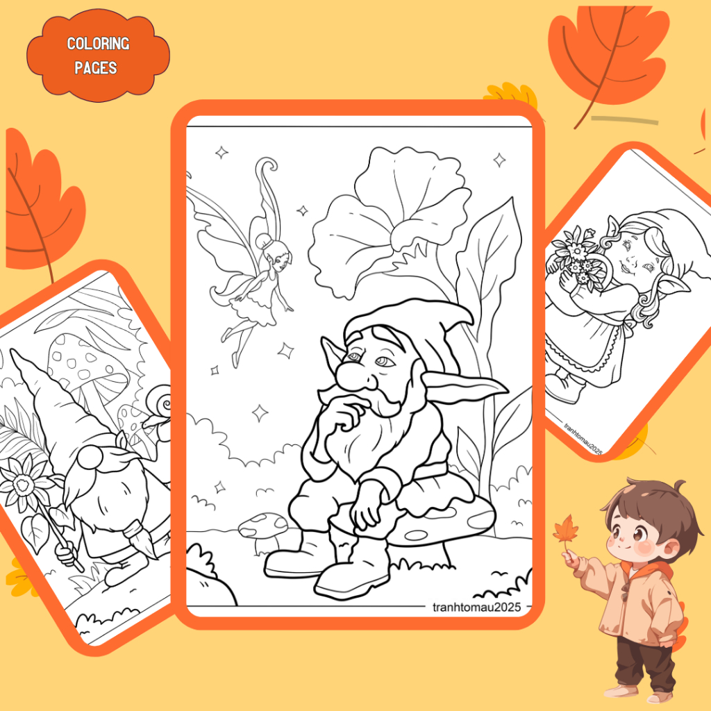 Bộ 32/20/10 tờ tranh tô màu, tranh tập tô cho bé hình thần lùn Gnome, giấy A4, A5 dày 160gsm GM280D