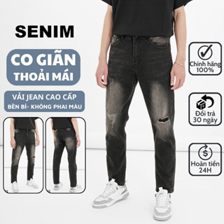Quần jean nam SENIM, Quần bò nam vải Denim co giãn, form slimfit, Jean đen xám rách SE1952