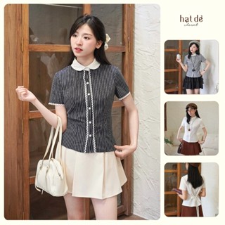 Áo Sơ Mi Nữ Cổ Sen Họa Tiết Kẻ Sọc Viền Ren Phối Dây Chiết Eo 3 Màu Kẻ Xanh, Kẻ Xám, Trắng Trơn
