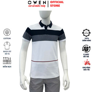 Áo thun cổ bẻ OWEN APV253610 polo nam ngắn tay màu trắng phối xanh vải cotton mềm mại cao cấp dáng body fit trẻ trung