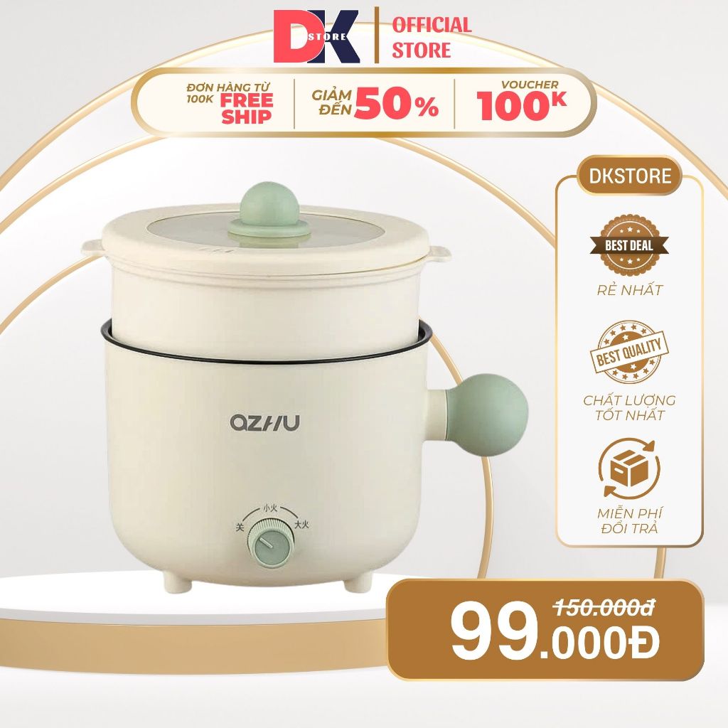 Nồi Lẩu Điện OZHU 18cm 2 Nấc Nhiệt Kèm Giá Hấp Có Tay Cầm Tiện Dụng, Nồi Lẩu Mini Đa Năng 2 Tầng
