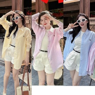 Set 4 Món Thêu Ngựa: Áo Sơ Mi Kẻ 3 Màu Kèm Áo Trong 3 Lỗ Mix Quần Short Kaki Trắng Phối Đai Lưng Sang Chảnh (Ảnh Thật)