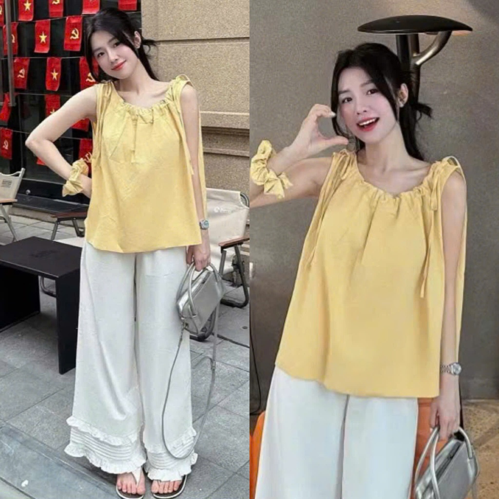 [Tặng Chun Tóc]: Set Áo Vàng Thô Sát Nách Nơ Vai + Quần Suông Phối Bèo Gấu Ống Rộng (Ảnh Thật Trải S