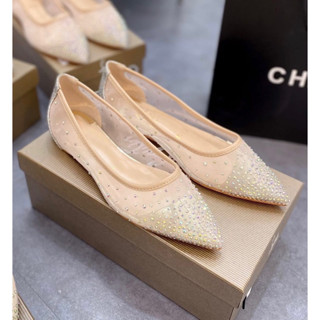 Giày búp bê cườm lưới gót kim tuyến. FORM TO