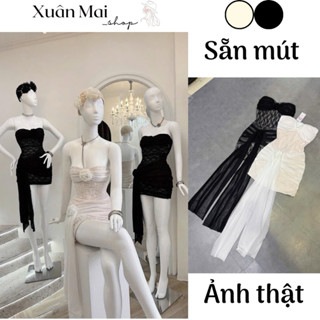  Đầm ôm body nữ ngắn cúp ngực trễ vai đính hoa eo tua rua đỏ đen trắng mặc đi tiệc đi chơi chụp ảnh 