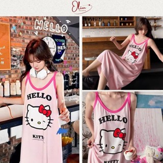 Váy Ngủ Thun 2 Dây Nữ Dáng Suông In Hình Hello Kitty Thoáng Mát