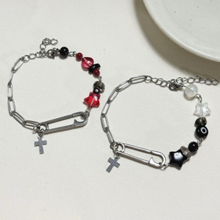 [thép không gỉ] Vòng tay Safety Pin kết hợp Evileye chất liệu thép không gỉ