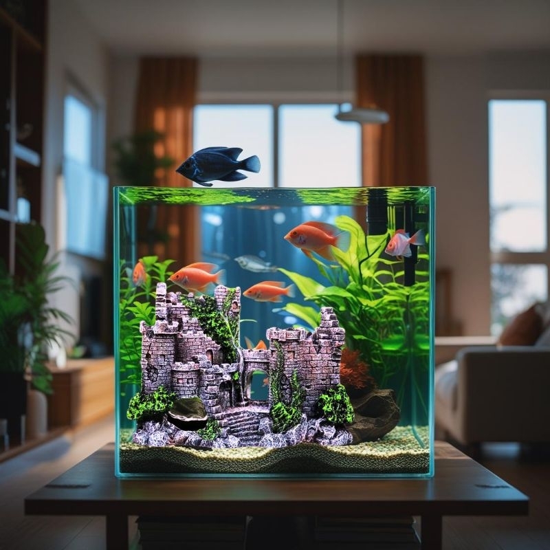Trang trí bể cá mô hình tòa lâu đài kích thước 19 x 8 x 14cm