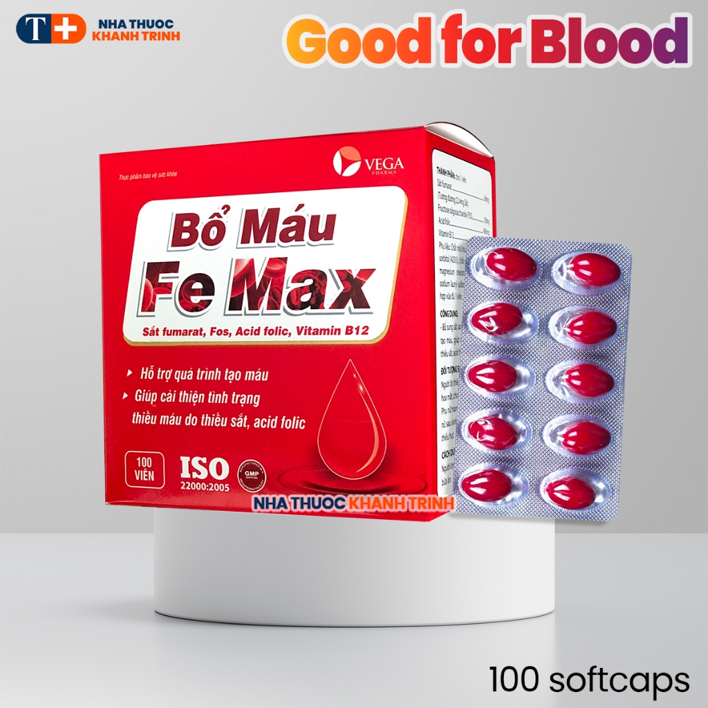 (100 viên) Bổ Máu FE MAX (sắt, folic, B12) - cải thiện thiếu máu do thiếu sắt, hỗ trợ quá trình tạo 