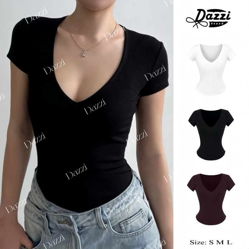 Áo thun nữ cổ tim ôm dáng chất Cotton DAZZI Brand, Áo thun nữ cổ chữ V ,áo thun form babytee cổ tim 