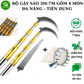 Bộ Gậy Liềm- Cưa- Vợt Hái Bằng INOX 304 Rút Gọn Phù Hợp Đa Công Năng Sử Dụng ( GẬY INOX + CƯA + LIỀM + VỢT HÁI)