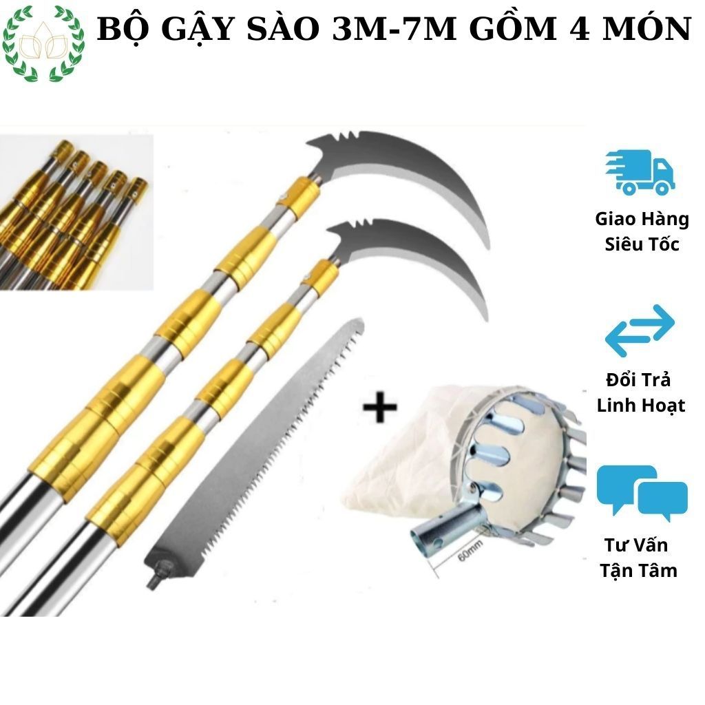 Bộ Gậy Liềm- Cưa- Vợt Hái Bằng INOX 304 Rút Gọn Tiện Lợi Nhiều Công Năng Sử Dụng ( GẬY INOX + CƯA + LIỀM + VỢT HÁI)
