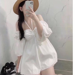  Áo trễ vai tiểu thư tay bồng dây yếm có LÓT NGỰC - Áo kiểu dấu quần chất voan nhẹ nhàng A07 