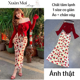 Set 2 món áo ống croptop nơ phối chân váy cạp thấp midi đuôi cá viền ren coquette hồng xanh đen đi tiệc đi chơi biển