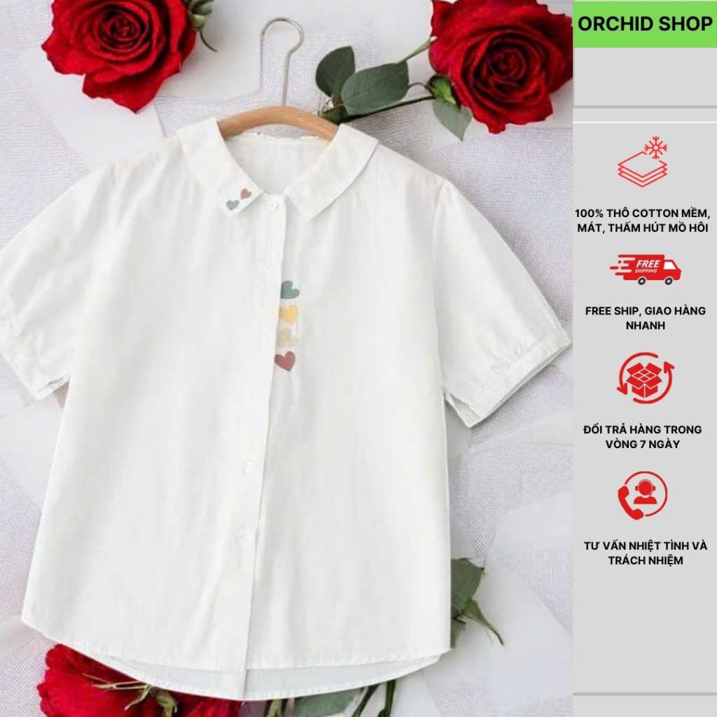Áo công sở cộc tay, Sơ mi công sở ngắn tay, Sơ mi ngắn tay thêu họa tiết, Áo ngắn tay thêu trái tim,