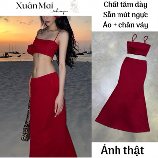 Set 2 món áo đỏ 2 dây sẵn mút đính hoa chân váy dài loe đuôi cá đồ đỏ đi chơi đi biển