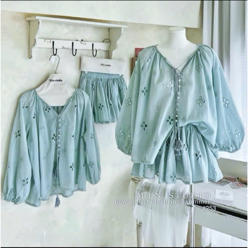 Set áo babydoll thêu hoa tay dài-set nữ babydoll