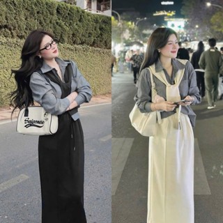 BIGSIZE HIẾU HIẾU (55-95KG) - Set bộ 3 món Áo sơ mi tay dài kẻ sọc kèm khăn choàng + Chân váy dáng dài S548