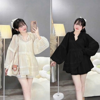 BIGSIZE HIẾU HIẾU (55-95KG) - Set bộ 3 món voan tơ Áo babydoll cổ chuông + Quần đùi dáng ngắn S549