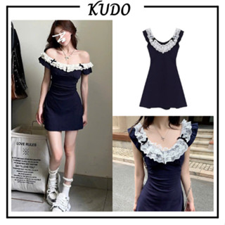 Váy thiết kế nữ chiết eo cổ nơ ren phối tay bèo, Đầm trễ vai dáng A ngắn ôm body phong cách tiểu thư sang chảnh KUDOSHOP