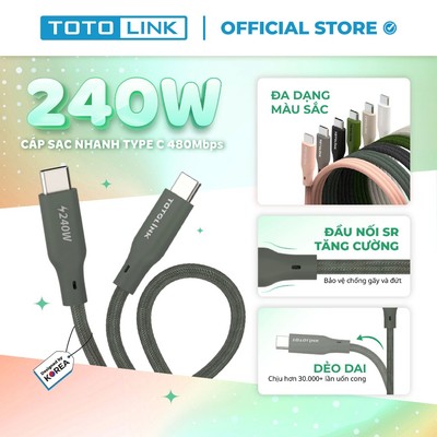 [Hỏa Tốc] Cáp sạc nhanh TOTOLINK PD3.1 240W Type-C Dài 2M – Tương Thích iPhone 15/16, Android