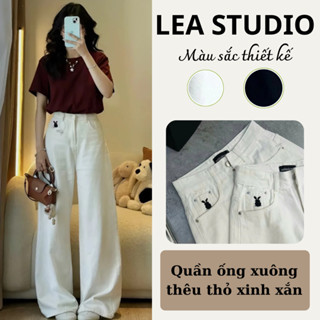 Quần Kaki Nữ Ống Suông Thêu Thỏ, Quần Dài Trắng Nữ Lưng Cao Ống Đứng Hack Chiều Cao - Lea.studio
