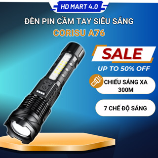 Đèn pin siêu sáng A76 Corisu chiếu xa 300m có zoom xa gần chống nước ipx4 pin trâu chip led 7 chế độ sáng