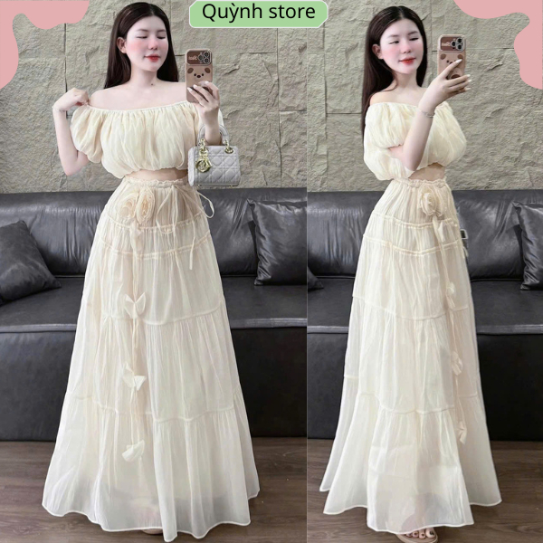 Sét bộ nữ-Váy maxi đính hoa mix với áo trễ vai năng động cá tính Q981
