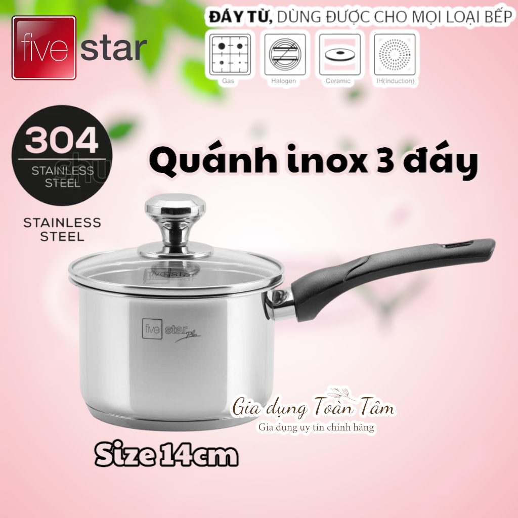 [Fivestar] (inox 304) Quánh inox 3 đáy 14cm, inox 304 cao cấp