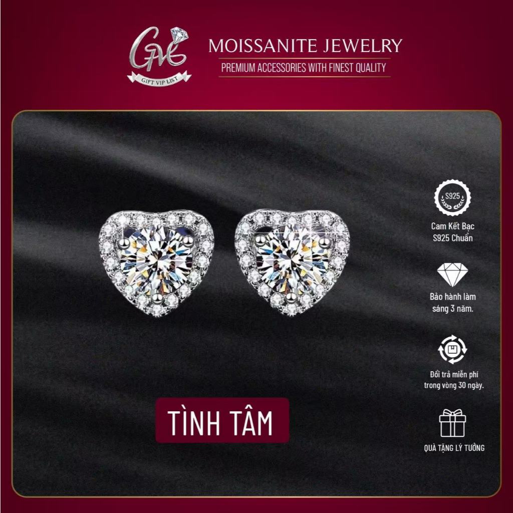 Bông Tai Nữ Tình Tâm S925 – Charm Mặt Trái Tim Khảm Đá Moissanite, Viên Chủ 6.5mm, GVL JEWELRY(kèm t