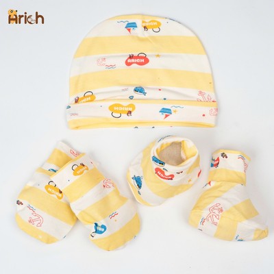 Set mũ, bao tay bao chân sọc 3 màu Arich cho bé hình họa tiết xinh xắn