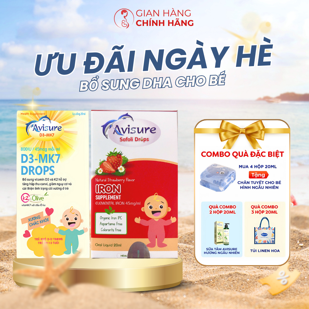 Avisure D3MK7 và Safoli - D3 tinh khiết và sắt hữu cơ hỗ trợ tăng cân, tăng chiều cao cho bé 20ml
